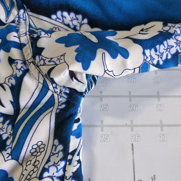 Vintage Tiki Palm Hawaiian Shirt Mens L Blue Rayon Hibiscus 90s Summer Vacation - Picture 6 of 7